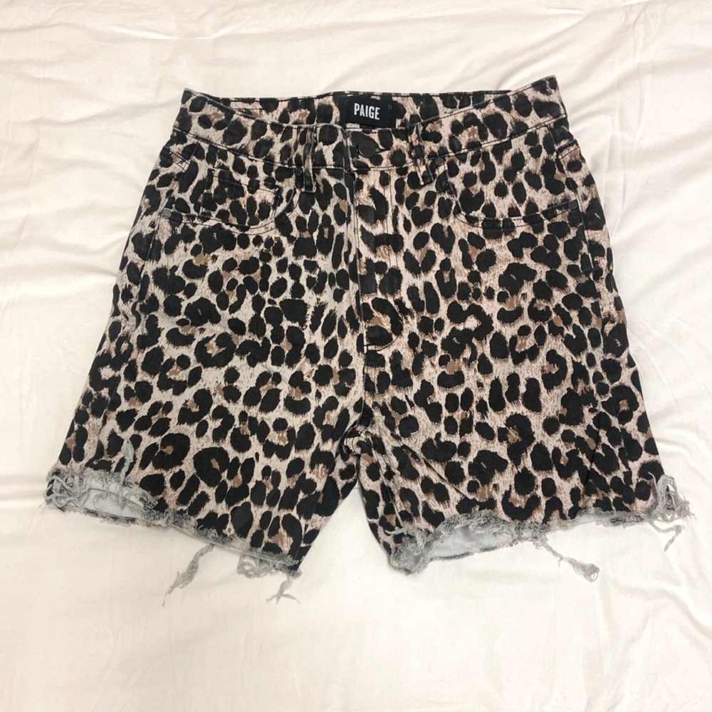 PAIGE Leopard High Waisted Denim Shorts